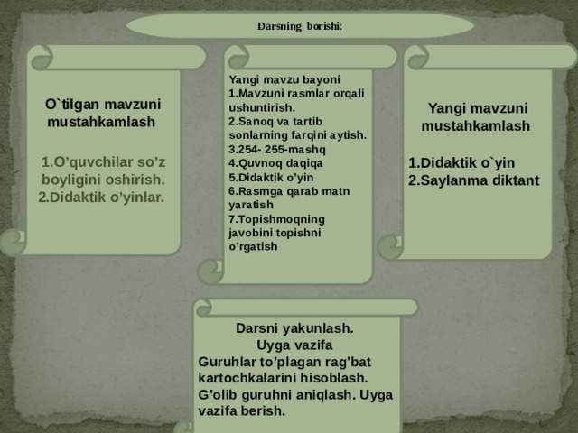 Darsning borishi : O ` tilgan mavzuni mustahkamlash  Yangi mavzu bayoni  1.Mavzuni rasmlar orqali ushuntirish.  2.Sanoq va tartib sonlarning farqini aytish. 3.2 54 - 255- mashq 4.Quvnoq daqiqa 5.Didaktik o’yin 6.Rasmga qarab matn yaratish  7.Topishmoqning javobini topishni o’rgatish  Yangi mavzuni mustahkamlash   1.Didaktik o`yin 2.Saylanma diktant  1.O’quvchilar so’z boyligini oshirish. 2.Didaktik o’yinlar.  Darsni yakunlash. Uyga vazifa  Guruhlar to’plagan rag’bat kartochkalarini hisoblash. G’olib guruhni aniqlash. Uyga vazifa berish.