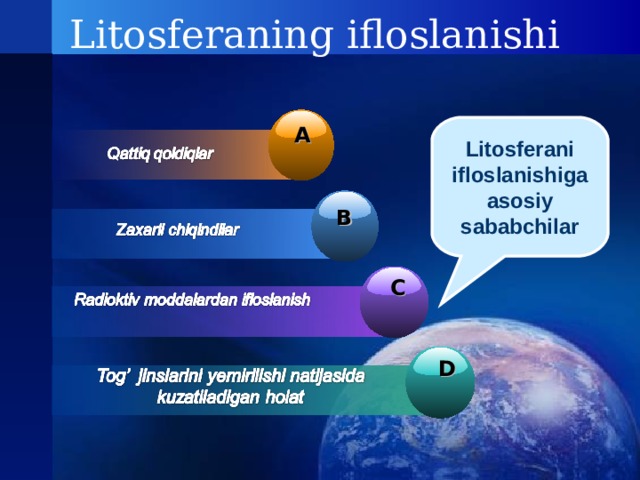 Litosferaning ifloslanishi Litosferani ifloslanishiga asosiy sababchilar A B C D