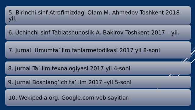 5. Birinchi sinf Atrofimizdagi Olam M. Ahmedov Toshkent 2018-yil. 6. Uchinchi sinf Tabiatshunoslik A. Bakirov Toshkent 2017 – yil. 7. Jurnal Umumta’ lim fanlarmetodikasi 2017 yil 8-soni 8. Jurnal Ta’ lim texnalogiyasi 2017 yil 4-soni 9. Jurnal Boshlang’ich ta’ lim 2017 –yil 5-soni 10. Wekipedia.org, Google.com veb sayitlari