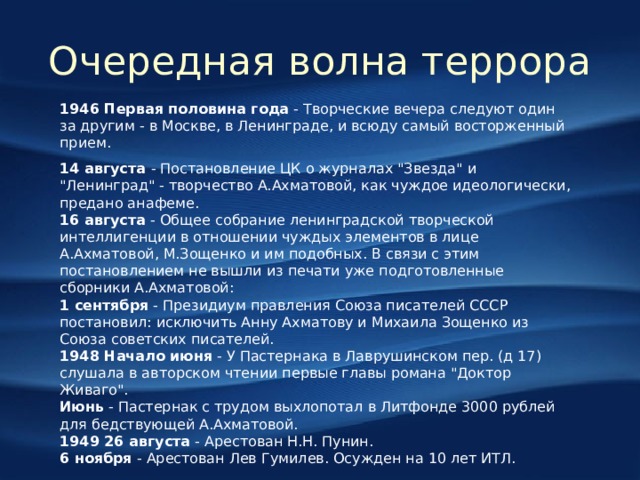 Очередная волна террора 1946 Первая половина года - Творческие вечера следуют один за другим - в Москве, в Ленинграде, и всюду самый восторженный прием. 14 августа - Постановление ЦК о журналах 