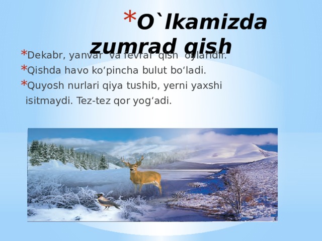 O`lkamizda zumrad qish Dekabr, yanvar va fevral qish oylaridir. Qishda havo ko‘pincha bulut bo‘ladi. Quyosh nurlari qiya tushib, yerni yaxshi