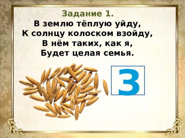 Задание 1. В землю тёплую уйду,  К солнцу колоском взойду,  В нём таких, как я,  Будет целая семья.   З