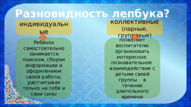 Разновидность лепбука? индивидуальные коллективные (парные, групповые) Ребёнок самостоятельно занимается поиском, сбором информации и оформлением своей работы, рассчитывая только на себя и свои силы позволяет воспитателю организовать интересное познавательное взаимодействие с детьми своей группы в течение длительного времени