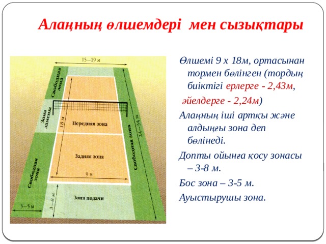 Алаңның өлшемдері мен сызықтары Өлшемі 9 х 18м, ортасынан тормен бөлінген (тордың биіктігі ерлерге - 2,43м ,  әйелдерге - 2,24м ) Алаңның іші артқы және алдыңғы зона деп бөлінеді. Допты ойынға қосу зонасы – 3-8 м. Бос зона – 3-5 м. Ауыстырушы зона.