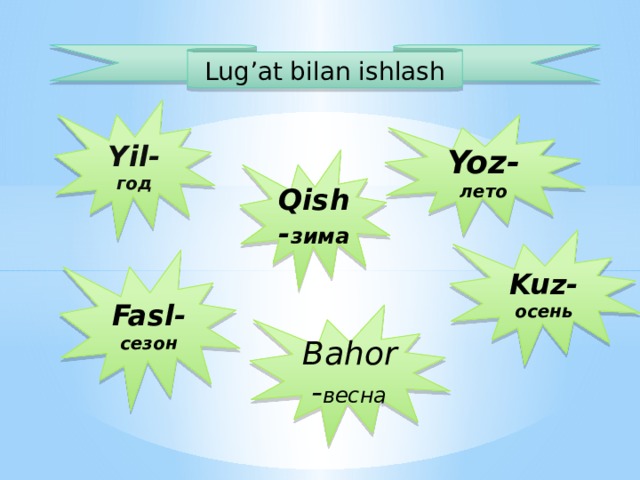 Lug’at bilan ishlash Yil- год Yoz- лето Qish- зима Kuz- осень Fasl- сезон Bahor- весна