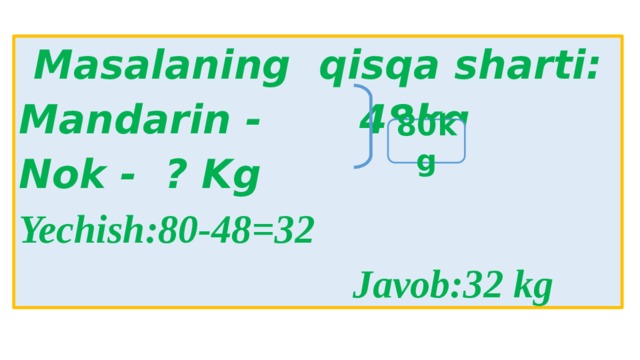Masalaning qisqa sharti: Mandarin - 48kg Nok - ? Kg Yechish:80-48=32  Javob:32 kg 80kg