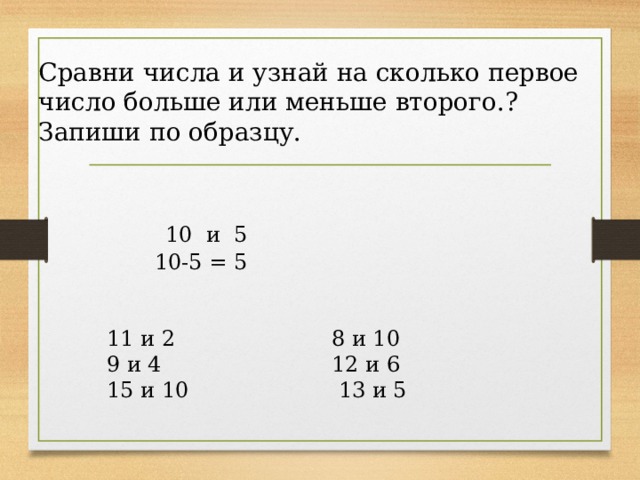 Сравни числа и узнай на сколько первое число больше или меньше второго.? Запиши по образцу.     10 и 5  10-5 = 5    11 и 2 8 и 10  9 и 4 12 и 6  15 и 10 13 и 5