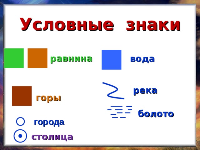 Условные знаки равнина вода река горы болото города столица