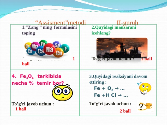 “ Assisment”metodi II-guruh 1.“Zang ” ning formulasini toping      To’g’ri javob uchun : 1 ball 2.Quyidagi manzarani izohlang? 4. Fe 3 O 4 tarkibida necha % temir bor?     To’g’ri javob uchun : 1 ball    To’g’ri javob uchun :  1 ball 3.Quyidagi reaksiyani davom ettiring :  Fe + O 2 → …  Fe +H Cl → … To’g’ri javob uchun :  2 ball