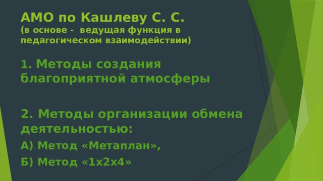 АМО по Кашлеву С. С.  (в основе - ведущая функция в педагогическом взаимодействии) 1. Методы создания благоприятной атмосферы  2. Методы организации обмена деятельностью: А) Метод «Метаплан», Б) Метод «1х2х4»