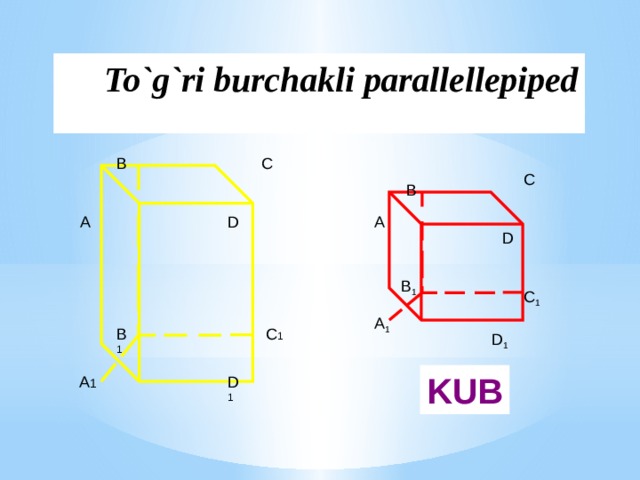 To`g`ri burchakli parallellepiped В С C В A D А D В 1 C 1 A 1 В 1 С 1 D 1 KUB А 1 D 1
