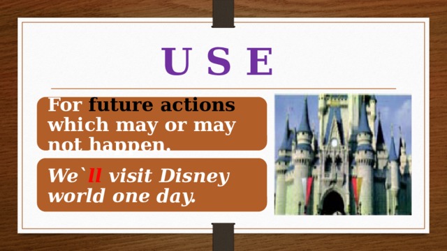 U S E  For future actions which may or may not happen. We` ll visit Disney world one day.