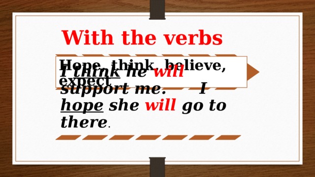 With the verbs Hope, think, believe, expect I think he will support me. I hope she will go to there .