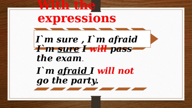 With the expressions I`m sure , I`m afraid I`m sure I will pass the exam . I`m afraid I will not go the party.