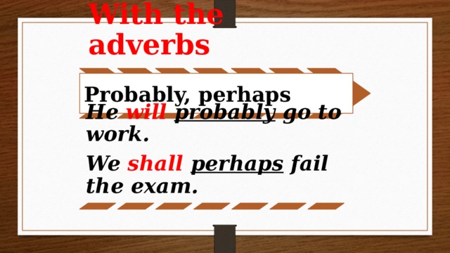With the adverbs Probably, perhaps He will  probably go to work. We shall  perhaps fail the exam.
