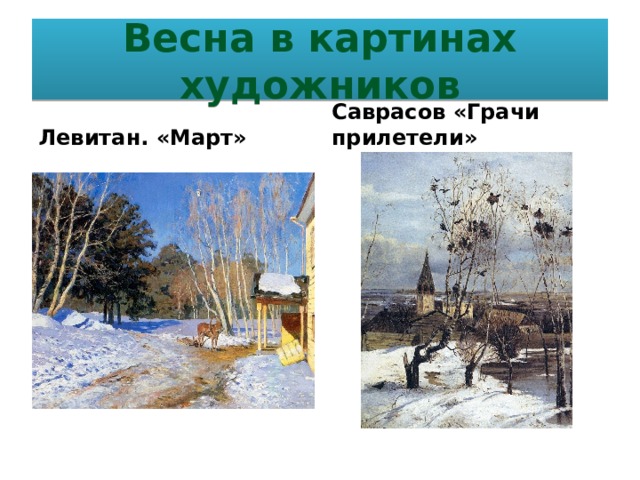 Весна в картинах художников Левитан. «Март» Саврасов «Грачи прилетели»