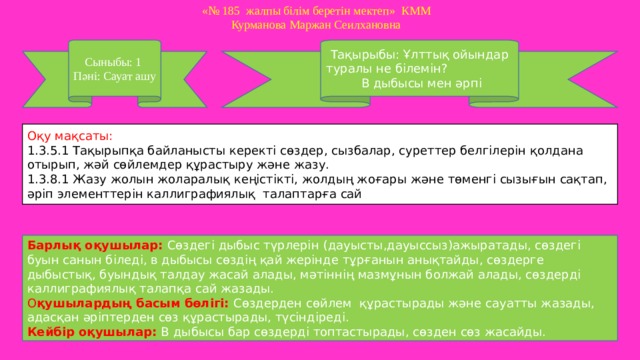 «№ 185 жалпы білім беретін мектеп» КММ Курманова Маржан Сеилхановна Сыныбы: 1 Тақырыбы: Ұлттық ойындар туралы не білемін? Пәні: Сауат ашу  В дыбысы мен әрпі Оқу мақсаты: 1.3.5.1 Тақырыпқа байланысты керекті сөздер, сызбалар, суреттер белгілерін қолдана отырып, жәй сөйлемдер құрастыру және жазу. 1.3.8.1 Жазу жолын жоларалық кеңістікті, жолдың жоғары және төменгі сызығын сақтап, әріп элементтерін каллиграфиялық талаптарға сай Барлық оқушылар: Сөздегі дыбыс түрлерін  (дауысты,дауыссыз)ажыратады, сөздегі буын санын біледі, в дыбысы сөздің қай жерінде тұрғанын анықтайды, сөздерге дыбыстық, буындық талдау жасай алады, мәтіннің мазмұнын болжай алады, сөздерді каллиграфиялық талапқа сай жазады. О қушылардың басым бөлігі: Сөздерден сөйлем құрастырады және сауатты жазады, адасқан әріптерден сөз құрастырады, түсіндіреді. Кейбір оқушылар: В  дыбысы бар сөздерді топтастырады, сөзден сөз жасайды.