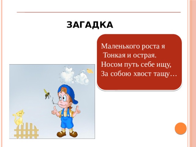 загадка Маленького роста я  Тонкая и острая. Носом путь себе ищу, За собою хвост тащу…