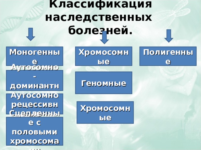 Классификация наследственных  болезней. Моногенные Хромосомные Полигенные Аутосомно - доминантные Геномные Аутосомно рецессивные Хромосомные Сцепленные с половыми хромосомами