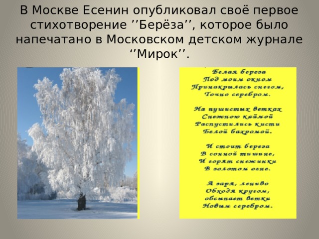 В Москве Есенин опубликовал своё первое стихотворение ’’Берёза’’, которое было напечатано в Московском детском журнале ‘’Мирок’’.