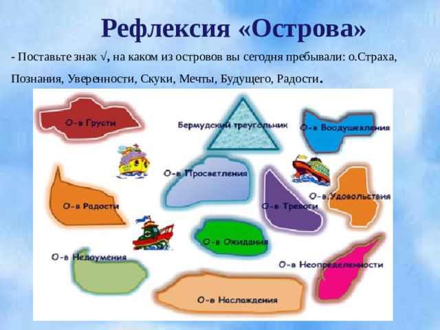 Рефлексия «Острова» - Поставьте знак √, на каком из островов вы сегодня пребывали: о.Страха, Познания, Уверенности, Скуки, Мечты, Будущего, Радости .