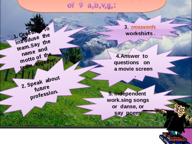 1. Greeting. To introduse the team.Say the name and motto of the team together 2. Speak about future profession. 4.Answer to questions on a movie screen . 5. Independent work.sing songs or danse, or say poem.