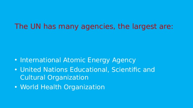 The UN has many agencies, the largest are: