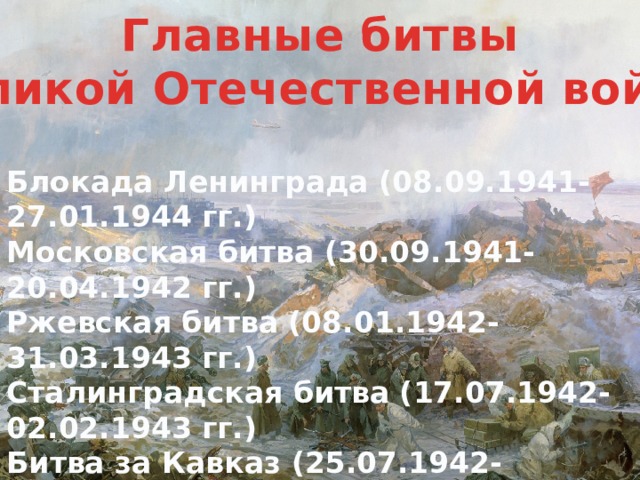 Главные битвы Великой Отечественной войны Блокада Ленинграда (08.09.1941-27.01.1944 гг.) Московская битва (30.09.1941-20.04.1942 гг.) Ржевская битва (08.01.1942-31.03.1943 гг.) Сталинградская битва (17.07.1942-02.02.1943 гг.) Битва за Кавказ (25.07.1942-09.10.1943 гг.) Курская битва (05.07.1943-23.08.1943 гг.) Битва за Берлин (16.04.1945-02.05.1945 гг.)