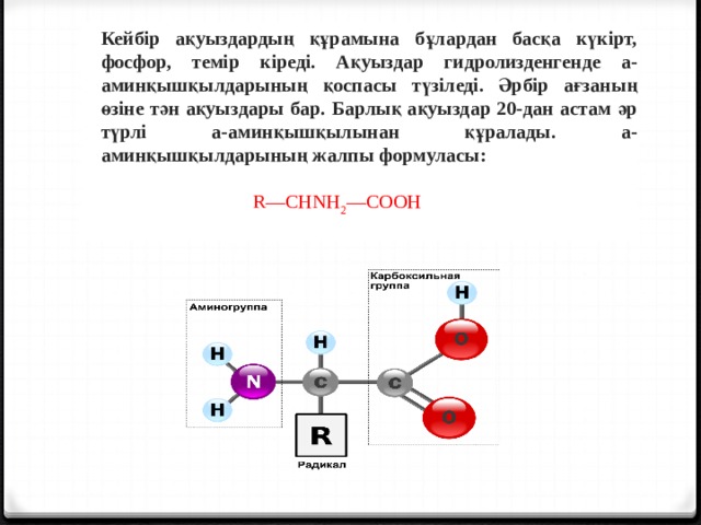 Кейбір ақуыздардың құрамына бұлардан басқа күкірт, фосфор, темір кіреді. Ақуыздар гидролизденгенде а-аминқышқылдарының қоспасы түзіледі. Әрбір ағзаның өзіне тән ақуыздары бар. Барлық ақуыздар 20-дан астам әр түрлі а-аминқышқылынан құралады. а-аминқышқылдарының жалпы формуласы:   R—CHNH 2 —COOH