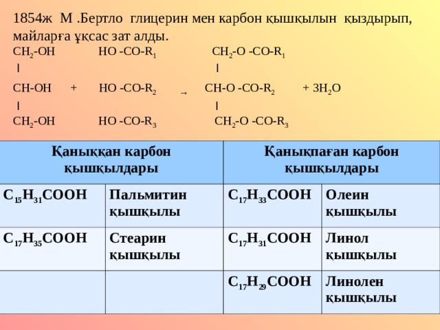 1854ж М .Бертло глицерин мен карбон қышқылын қыздырып, майларға ұқсас зат алды. CH 2 -O Н НО -CO-R 1   CH 2 -O  -CO-R 1   I  I CH- ОН + НО -CO-R 2  →  CH- О -CO-R 2  +  3Н 2 О  I I CH 2 -OН НО -CO-R 3 CH 2 -O -CO-R 3  Қаныққан карбон қышқылдары С 15 Н 31 СООН С 17 Н 35 СООН Қанықпаған карбон қышқылдары Пальмитин қышқылы С 17 Н 33 СООН Стеарин қышқылы Олеин қышқылы С 17 Н 31 СООН Линол қышқылы С 17 Н 29 СООН Линолен қышқылы