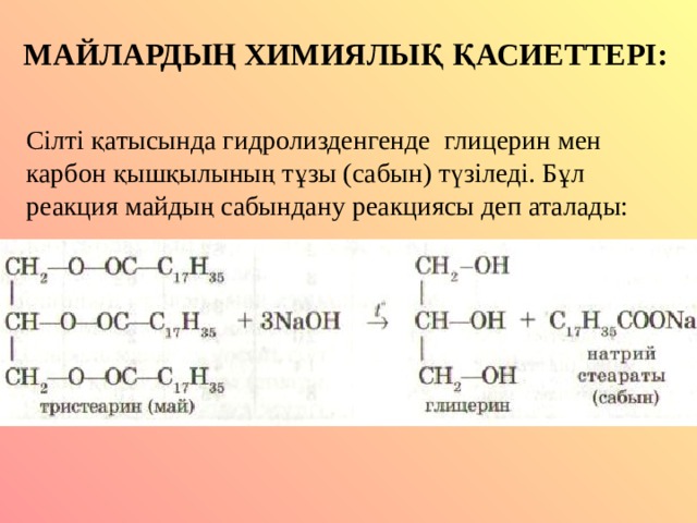 МАЙЛАРДЫҢ ХИМИЯЛЫҚ ҚАСИЕТТЕРІ: Сілті қатысында гидролизденгенде глицерин мен карбон қышқылының тұзы (сабын) түзіледі. Бұл реакция майдың сабындану реакциясы деп аталады: