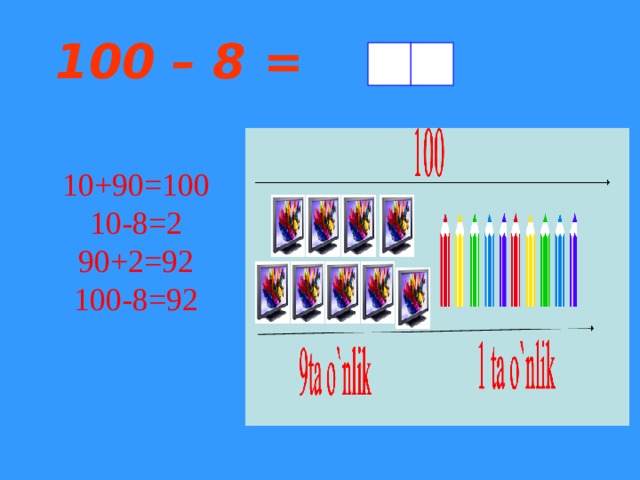 100 – 8 =  10+90=100 10-8=2 90+2=92 100-8=92