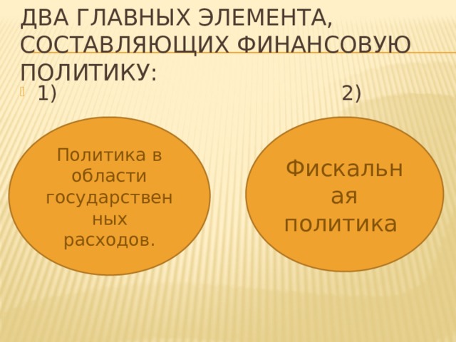 Два главных элемента, составляющих финансовую политику: 1) 2) Политика в области государственных расходов. Фискальная политика