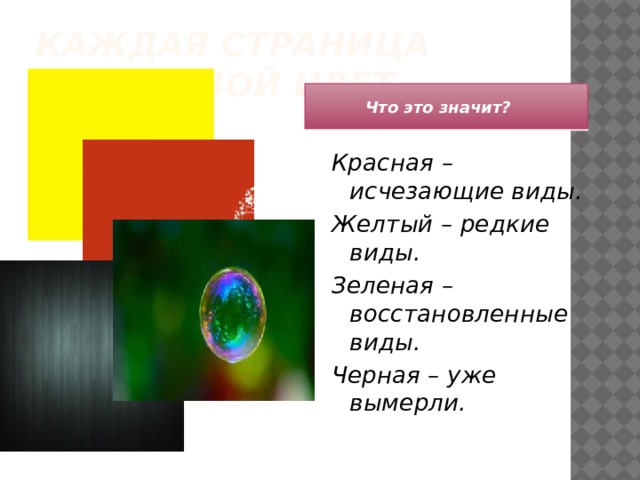 Каждая страница имеет свой цвет. Что это значит? Красная – исчезающие виды. Желтый – редкие виды. Зеленая – восстановленные виды. Черная – уже вымерли.