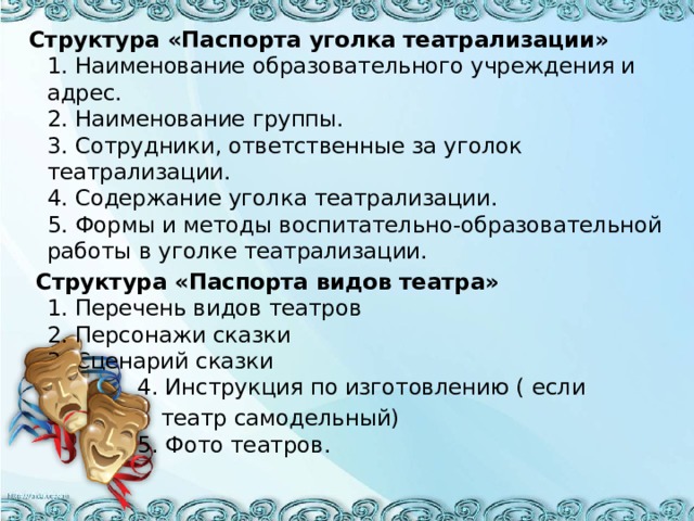 Структура «Паспорта уголка театрализации»  1. Наименование образовательного учреждения и адрес.  2. Наименование группы.  3. Сотрудники, ответственные за уголок театрализации.  4. Содержание уголка театрализации.  5. Формы и методы воспитательно-образовательной работы в уголке театрализации.  Структура «Паспорта видов театра»  1. Перечень видов театров  2. Персонажи сказки  3. Сценарий сказки  4. Инструкция по изготовлению ( если  театр самодельный)  5. Фото театров.