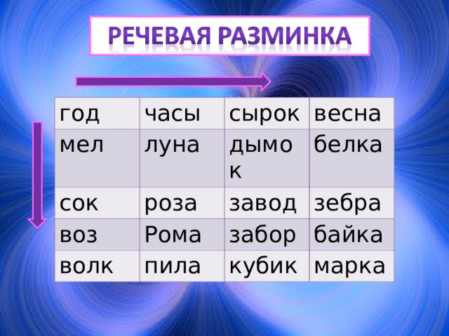 год часы мел луна сырок сок весна дымок роза воз белка Рома волк завод забор пила зебра байка кубик марка