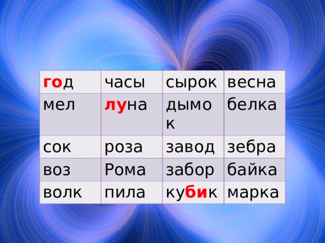 го д часы мел лу на сок сырок воз роза дымок весна белка Рома завод волк зебра забор пила байка ку би к марка