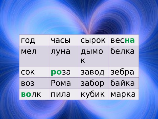 год часы мел луна сок сы ро к воз ро за дымок вес на белка Рома завод во лк зебра забор пила байка кубик марка