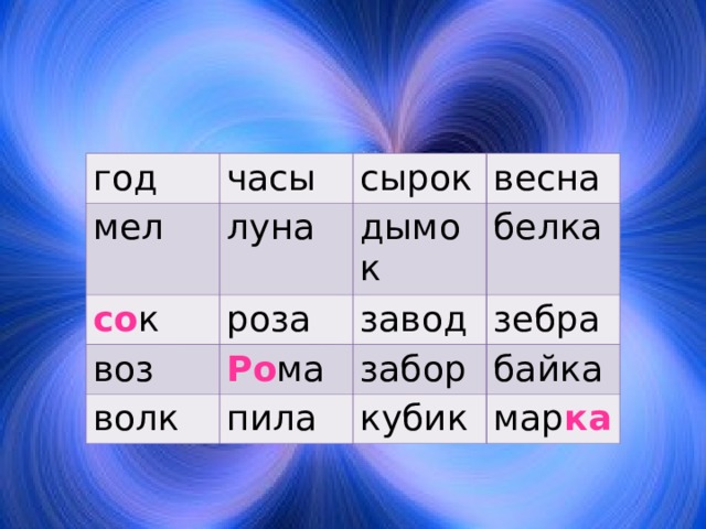 год часы мел луна со к сырок воз ро за дымок весна белка Ро ма завод волк зебра забор пила байка кубик мар ка