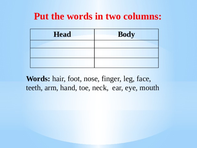 Put the words in two columns: Head Body Words: hair, foot, nose, finger, leg, face, teeth, arm, hand, toe, neck, ear, eye, mouth