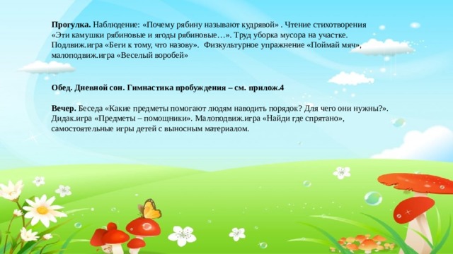 Прогулка. Наблюдение: «Почему рябину называют кудрявой» . Чтение стихотворения «Эти камушки рябиновые и ягоды рябиновые…». Труд уборка мусора на участке. Подлвиж.игра «Беги к тому, что назову». Физкультурное упражнение «Поймай мяч», малоподвиж.игра «Веселый воробей»  Обед. Дневной сон. Гимнастика пробуждения – см. прилож.4  Вечер. Беседа «Какие предметы помогают людям наводить порядок? Для чего они нужны?». Дидак.игра «Предметы – помощники». Малоподвиж.игра «Найди где спрятано», самостоятельные игры детей с выносным материалом.