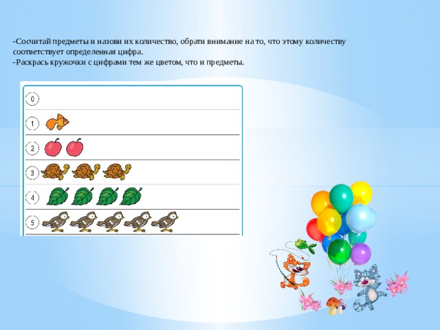 -Сосчитай предметы и назови их количество, обрати внимание на то, что этому количеству соответствует определенная цифра. -Раскрась кружочки с цифрами тем же цветом, что и предметы.
