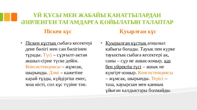 ҮЙ ҚҰСЫ МЕН ЖАБАЙЫ ҚАНАТТЫЛАРДАН ӘЗІРЛЕНГЕН ТАҒАМДАРҒА ҚОЙЫЛАТЫН ТАЛАПТАР Піскен құс Қуырлған құс