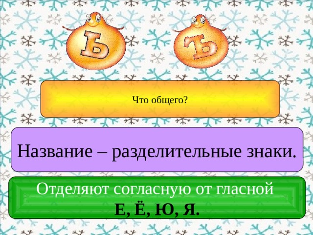 Что общего? Название – разделительные знаки. Отделяют согласную от гласной Е, Ё, Ю, Я.