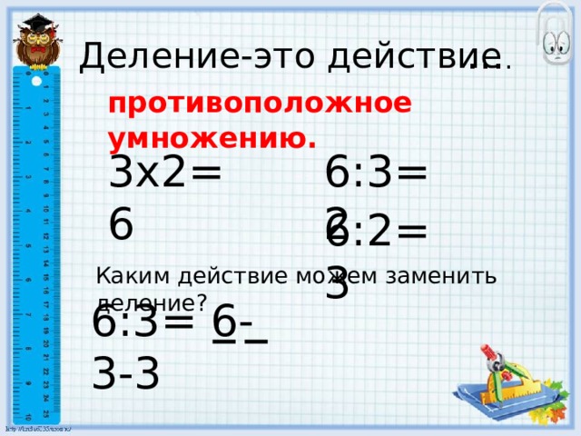 Деление-это действие … . противоположное умножению. 3х2=6 6:3=2 6:2=3 Каким действие можем заменить деление? 6:3= 6-3-3