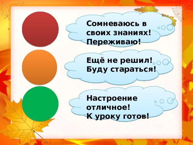 Сомневаюсь в своих знаниях! Переживаю! Ещё не решил! Буду стараться! Настроение отличное! К уроку готов!