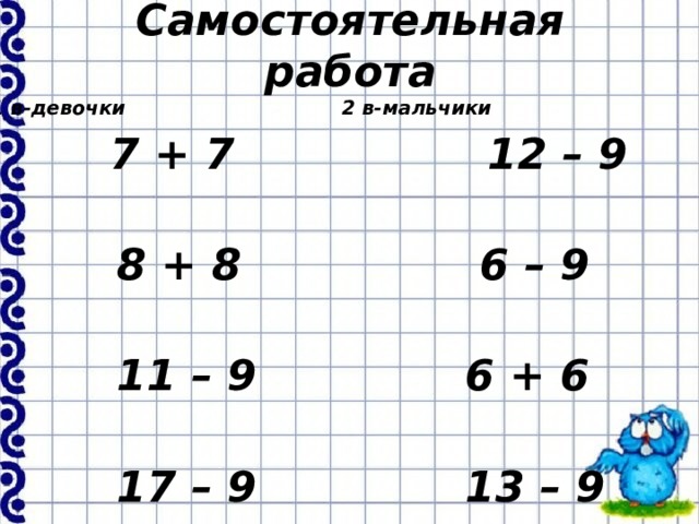 Самостоятельная работа 1 в-девочки 2 в-мальчики  7 + 7 12 – 9  8 + 8 6 – 9  11 – 9 6 + 6  17 – 9 13 – 9  6 + 6 9 + 9  17 – 9 0 + 0