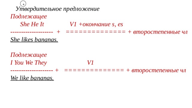 Утвердительное предложение Подлежащее  She He It V1 +окончание s, es -------------------- + ============== + второстепенные чл She likes bananas.  Подлежащее I You We They V1 -------------------- + ============== + второстепенные чл We like bananas. +