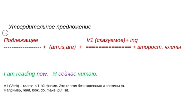 Утвердительное предложение Подлежащее V1 (сказуемое)+ ing -------------------- + (am,is,are) + ============== + второст. члены    I am reading now .  Я сейчас читаю. V1 (Verb) – глагол в 1-ой форме. Это глагол без окончания и частицы to. Например, read, look, do, make, put, sit… +