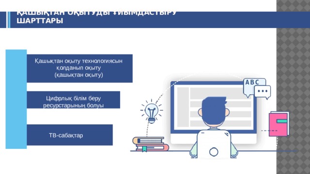 ҚАШЫҚТАН ОҚЫТУДЫ ҰЙЫМДАСТЫРУ ШАРТТАРЫ Қашықтан оқыту технологиясын қолданып оқыту (қашықтан оқыту) Цифрлық білім беру ресурстарының болуы ТВ-сабақтар